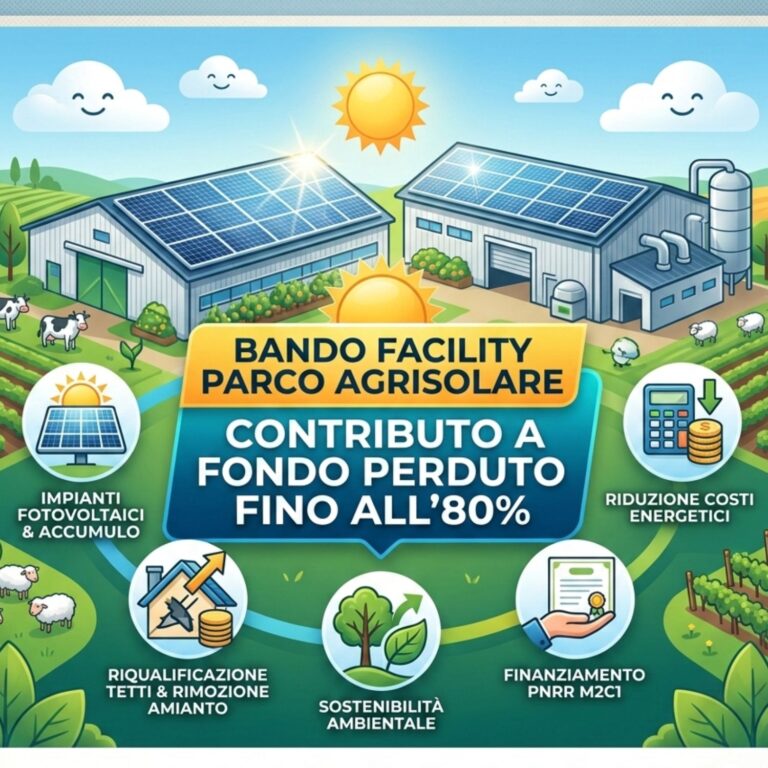 Il bando “Facility Parco Agrisolare” finanzia fino all’80% delle spese per impianti fotovoltaici e interventi di riqualificazione energetica su edifici produttivi agroalimentari, consentendo alle imprese di ridurre i costi, aumentare l’efficienza e promuovere la sostenibilità.