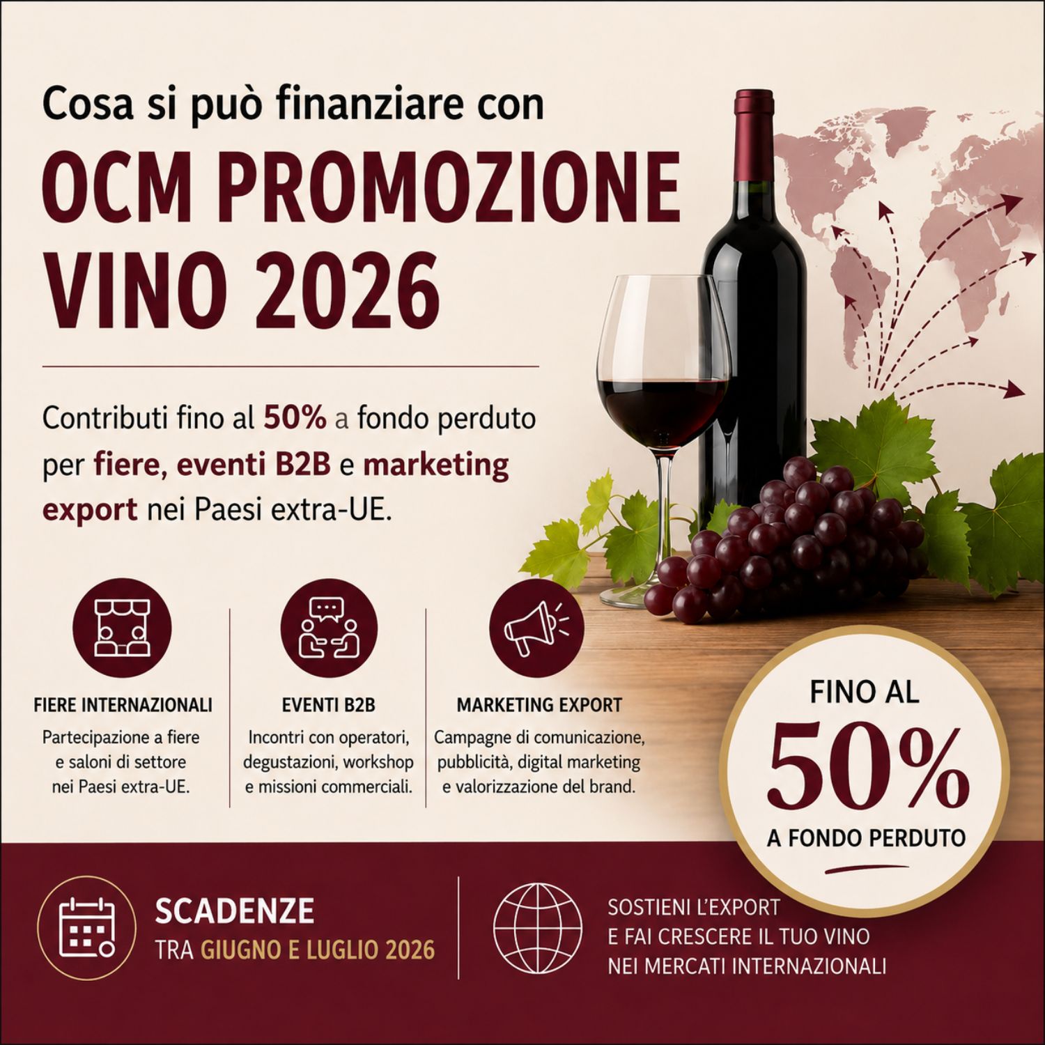 Bando OCM Promozione 2026: un’opportunità concreta per le cantine che vogliono crescere nei mercati extra-UE. Con contributi fino al 50% a fondo perduto, possiamo finanziare fiere, eventi B2B e marketing digitale. Scadenze tra giugno e luglio 2026.