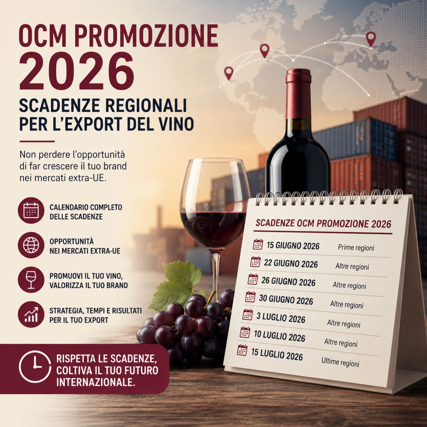 Le tempistiche del bando OCM Promozione Vino Paesi Terzi 2026 sono decisive per accedere ai contributi: ogni regione ha date specifiche da rispettare. Conoscere il calendario completo permette alle cantine di presentare correttamente i progetti e cogliere le opportunità di export vino.