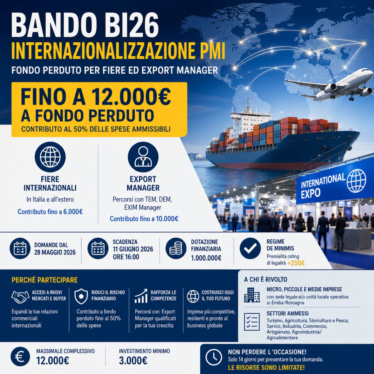 PMI dell'Emilia: fino a 12.000€ a fondo perduto per export, fiere internazionali e percorsi con Export Manager. Bando BI26, domande dall'28 maggio all'11 giugno 2026. Non perdete questa opportunità.