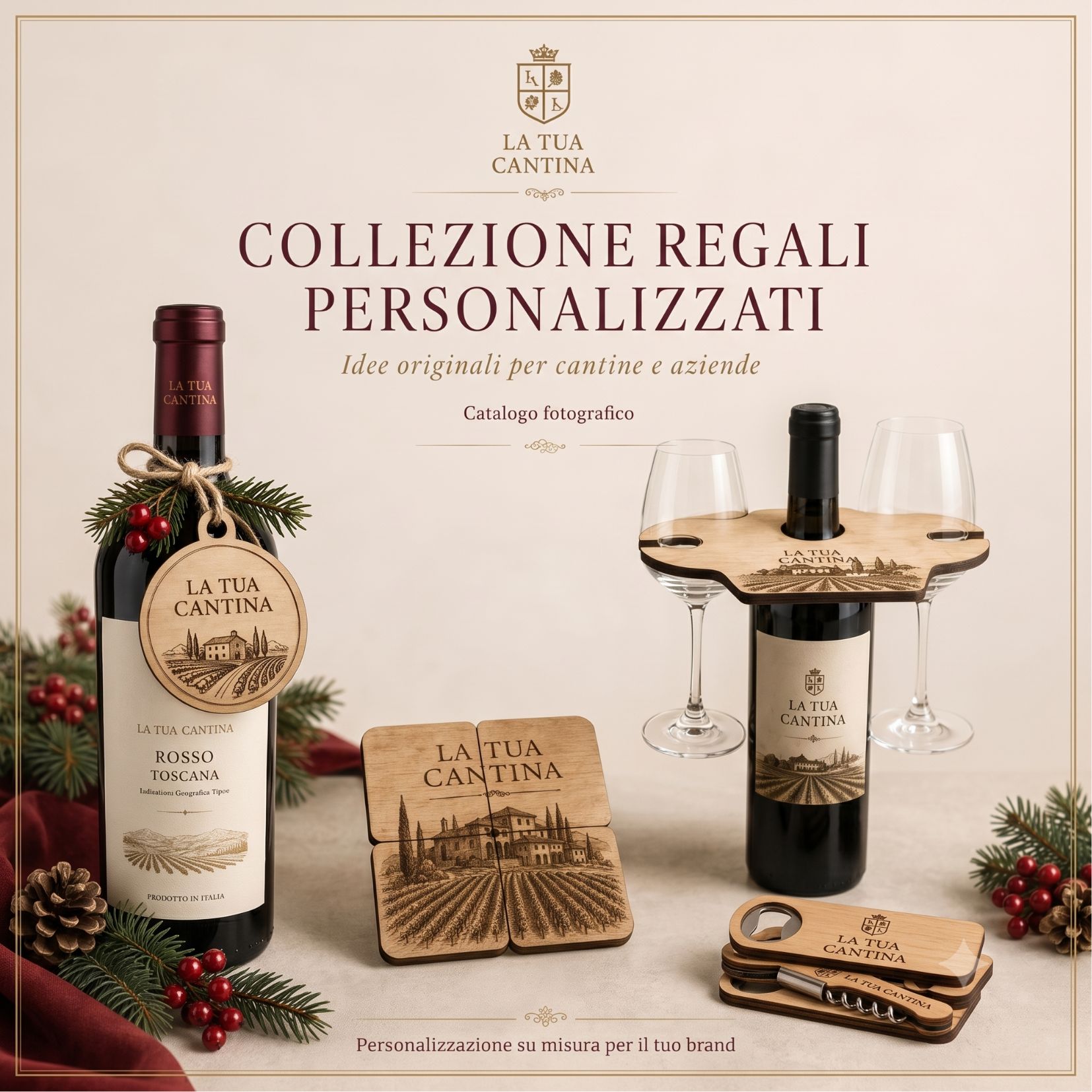 Collezione di regali personalizzati per cantine in legno inciso con tag, sottobicchieri e porta-calice