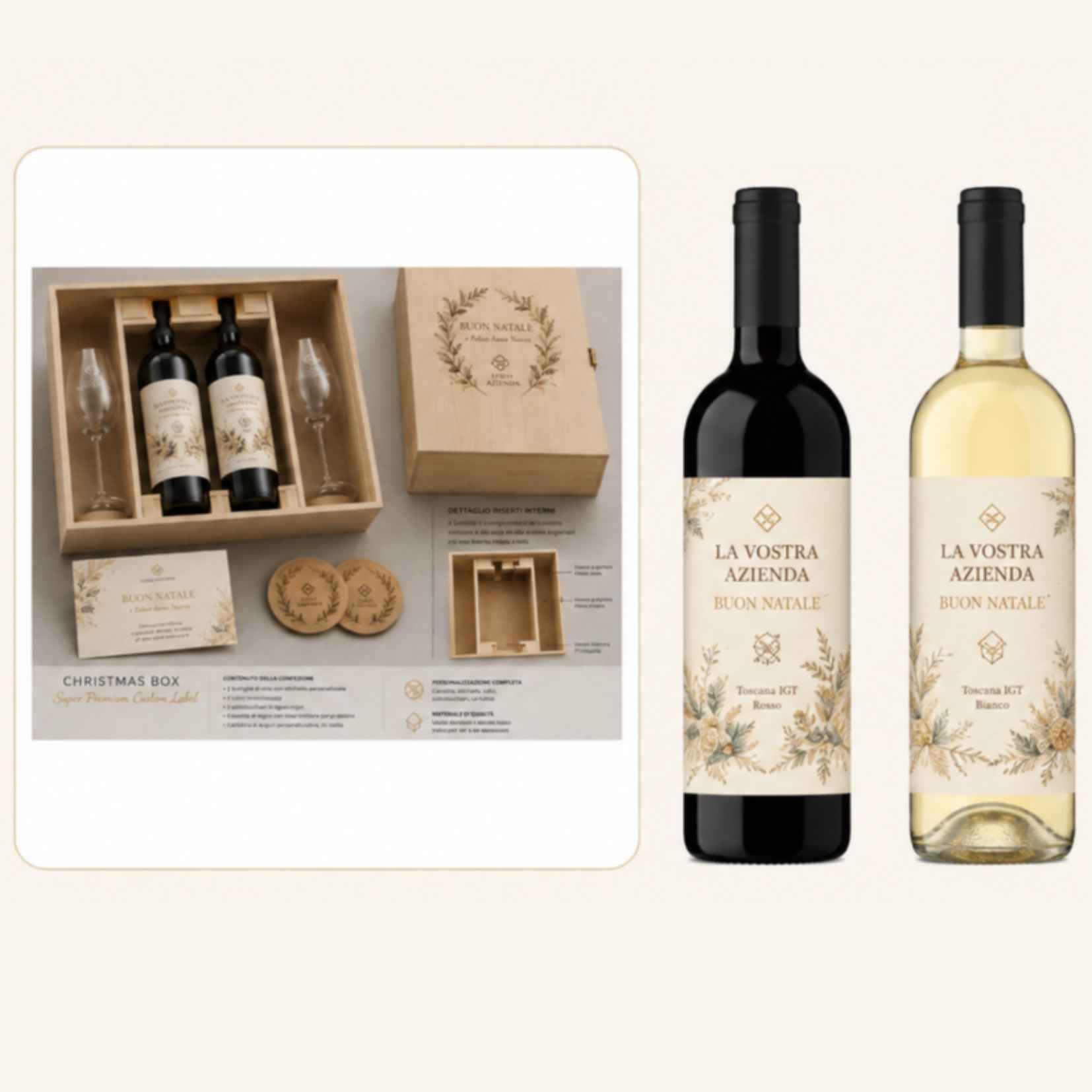 Confezioni regalo natalizie personalizzate con vino in cassetta di legno per aziende